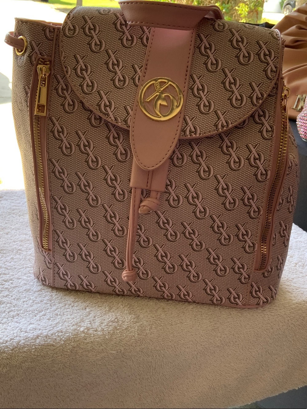XOXO Pink Monogram Drawstring Backpack with Gold Accents